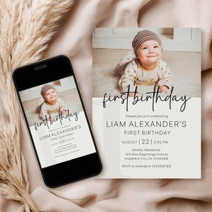 1st Birthday Photo Invitation, Modern Minimalist Boho 1st Birthday Invite, Gender Neutral 1st Birthday Template, Editable Photo Invitation
