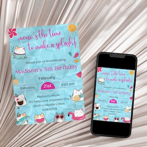 Editable Cat Themed Pool Party Invitation, Pool Birthday Party Invite, Cat Themed Let&#39;s Pawty Birthday Invite, Are You Kitten Me Invitation