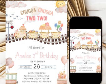 Pink Train 2nd Birthday Invitation, Chugga Chugga Two Two Pink Birthday Invite, Editable Pink Train Birthday Party Invite Instant Download