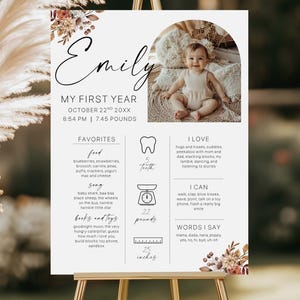 Puede incluir: Un letrero personalizado de primer cumpleaños con la foto de una niña. El letrero incluye el nombre del bebé, la fecha de nacimiento, el peso (3,38 kg) y la altura (63,5 cm). Enumera comidas, canciones, libros y juguetes favoritos.