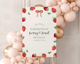 Berry First Birthday Welcome Sign, Strawberry 1st Birthday Poster, Editable Canva Template