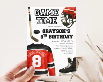 Hockey Birthday Invitation, Red and Black Sports Theme (Digital Download)