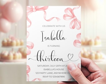 Pink Bow Birthday Invitation, Coquette 13th Birthday Invitation, 13th Birthday Invitation Girl, Pink Bow 13th Birthday Invitation