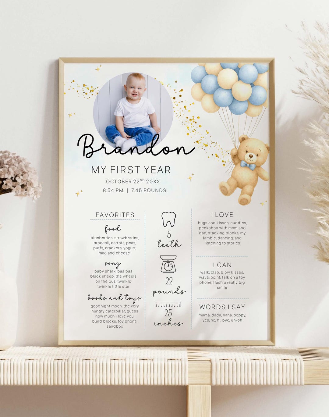 Blue Teddy Bear First Birthday Milestone Poster With Photo (digital ...