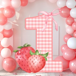Printable Berry First Big Decor Cutout, Strawberry With Bow Decor, Berry First Birthday Party, Pink Checkered Strawberry First Birthday Prop