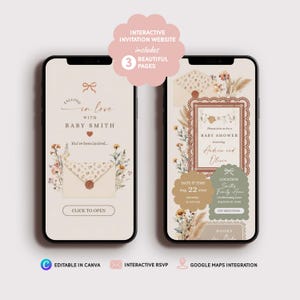 May include: Two smartphones displaying an interactive baby shower invitation website with floral motifs, a wax-sealed envelope, and text including Falling in love with Baby Smith, Andrew and Olivia, and event details. The design features soft earth tones.