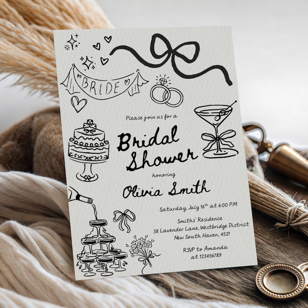 Black and White Bridal Shower Invitation: Whimsical Hand Drawn Design ...