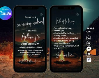 Camping Weekend Digital Invitation, Camping Birthday Video Invitation, Animated Camping Party Text iMessage Digital Invite Instant Download