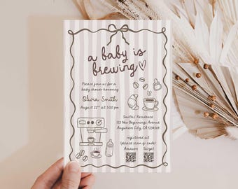 A Baby Is Brewing Baby Shower Invitation, Neutral Beige Coffee Theme, Editable Hand Drawn Party Template (Digital Download)