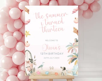 夏の13歳の誕生日ウェルカムサインテンプレート、13歳になった夏のパーティーサイン、ビーチシーサイドの13歳の誕生日、読書好きの誕生日パーティーサイン