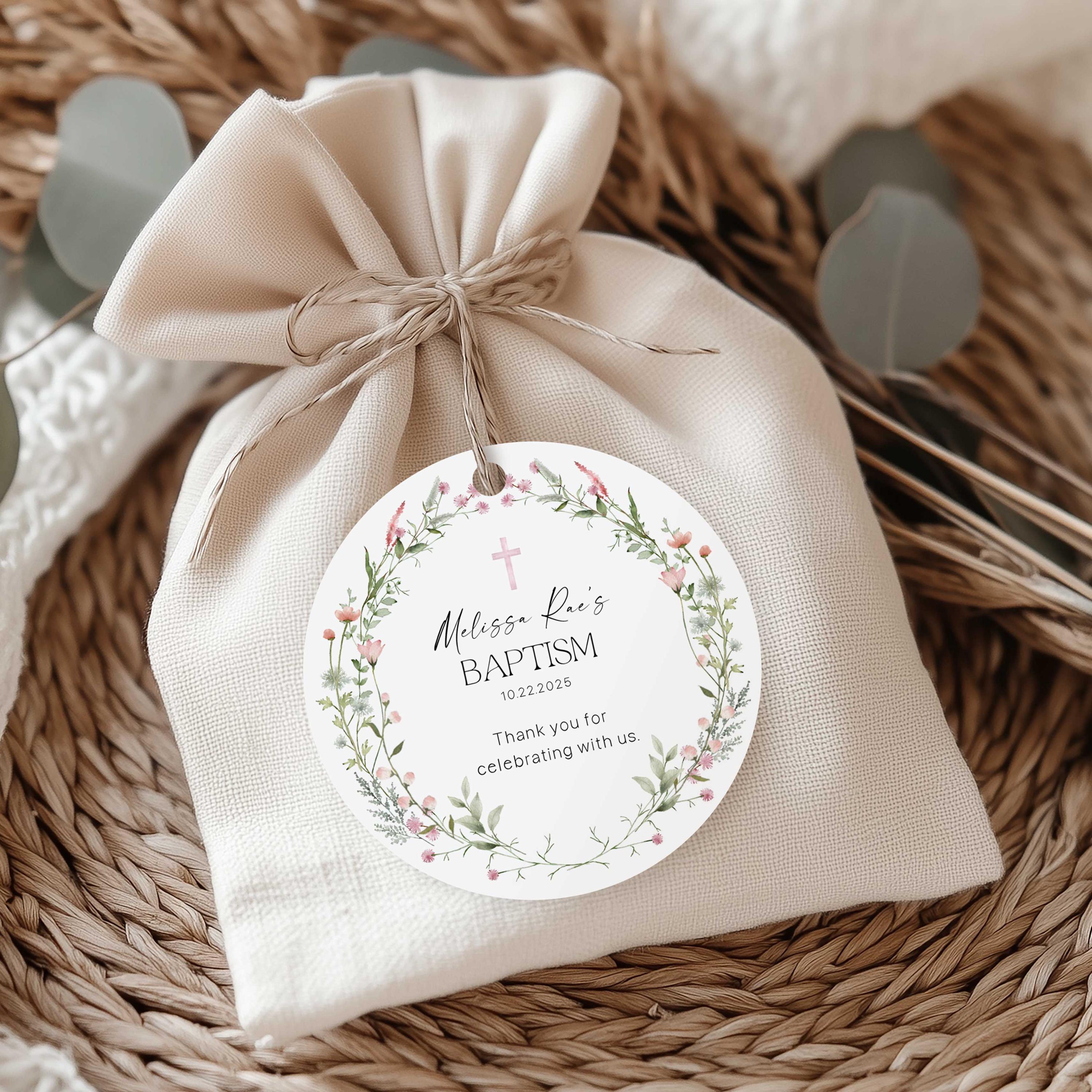 Dedication Tag Layout Editable Baptism Round Thank You Tags, Wildflower Design Child ...