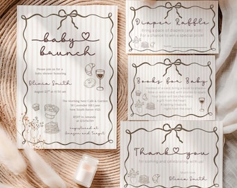 Baby Brunch Baby Shower Invitation Bundle, Hand Drawn Breakfast Lunch Theme, Gender Neutral Template Set (Digital Download)