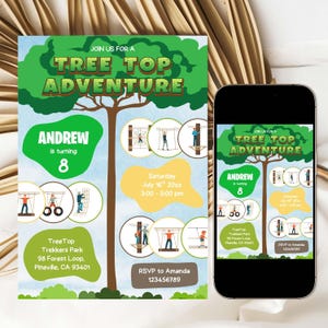 以下が含まれることがあります： 木をテーマにしたパーティーの招待状。「Tree Top Adventure」と書かれており、「Andrew」という名前と「8」という数字が含まれています。招待状には日付、時間、場所も記載されています。
