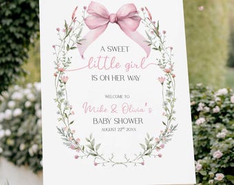 Willkommensschild für die Babyparty mit rosa Schleife, Willkommensposter mit Blumenband, Süße Partydekoration für ein kleines Mädchen (Digitaler Download)