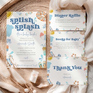 Splish Splash Baby Shower Invitation Bundle, Summer Beach Baby Bash Template Set, Blue Tropical Baby Shower Invite, Baby Shower Boy Bundle