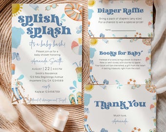 May include: A baby shower invitation suite with a beach theme. The invitation features the words "splish splash" and details for the event. Coordinating cards include a diaper raffle, books for baby, and thank you notes. The design incorporates watercolor illustrations of beach items.