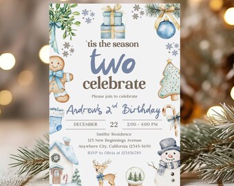 Christmas 2nd Birthday Invitation Boy, Snowman Party (Digital Download)