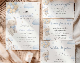 A Little Peanut Baby Shower Bundle, Baby Elephant with Blue Balloons Boy Invitation Set (Digital Download)