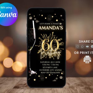 Invito per il 60° compleanno con champagne, invito animato per il 60° compleanno, invito per il 60° compleanno con champagne e vino