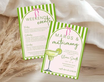 Itinerario de invitación para despedida de soltera con margaritas y matrimonio, despedida de soltera con temática de margaritas, set de invitaciones para despedida de soltera en verde y rosa, viaje de fin de semana de chicas