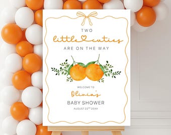 Two Little Cuties Baby Shower Welcome Sign, Editable Citrus Orange Bow Baby Shower Welcome Sign, Twin Baby Shower Welcome Sign Template