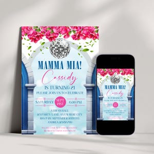 Faire-part d'anniversaire modifiable Mamma Mia, faire-part d'anniversaire Reine dansante, fête grecque, thème Mamma Mia, modèle d'Invitation numérique