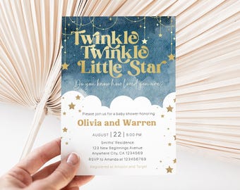 May include: Baby shower invitation with a blue watercolor background and gold text that reads "Twinkle Twinkle Little Star." The invitation includes details for Olivia and Warren's baby shower, with gold star accents.