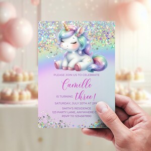 Editable Unicorn Birthday Invitation, Pastel Rainbow Glitter Party Invite, Sparkle Design, Girls Birthday Invite Template Instant Download