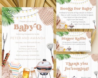 Zestaw zaproszeń na baby shower Baby-Q, zestaw szablonów na baby shower w ogrodzie bez podziału na płeć, zaproszenie na imprezę BBQ Baby Sprinkle, BBQ Baby Shower