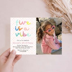 Five Is A Vibe 5th Birthday Invitation, Colorful Rainbow Girl Photo Invite (Digital Download)