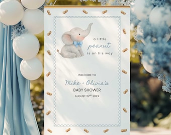 Letrero de bienvenida para baby shower con elefante azul, plantilla para fiesta de cacahuetes, póster de bienvenida con elefantito con lazo azul (descarga digital)