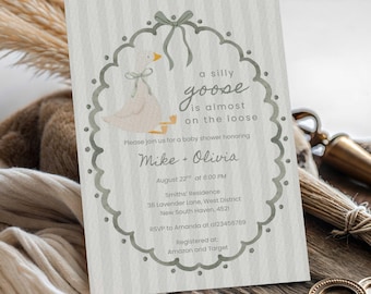 Silly Goose Baby Shower Invitation, Sage Green Gender Neutral Goose Party Invite (Digital Download)