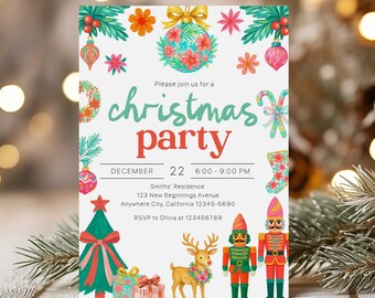 Festive Christmas Party Invitation, Bright Tropical, Canva Template, Digital Download