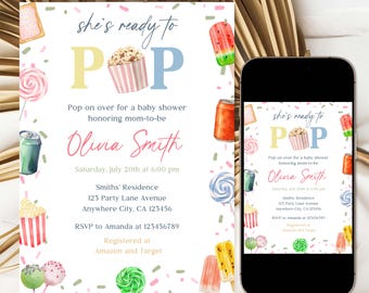 Editable Ready to Pop Baby Shower Invitation, Pop Theme Baby Shower Invite, Popcorn Lollipop Soda Treats Baby Shower Template, It's A Girl