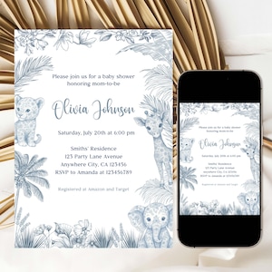 Editable Toile de Jouy Safari Baby Shower Invitation, Blue Floral Baby Animals Invite, Tropical Botanical Toile Baby Shower Template