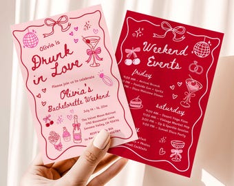 Drunk In Love Bachelorette Invitation, Cocktail Bachelorette Weekend Itinerary, Hand Drawn Whimsical Girls Trip Invite (Digital Download)