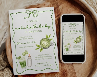 Editable Matcha Baby Shower Invitation, A Baby Is Brewing Matcha Baby Shower Invitation, Matcha Lover Baby Shower Template Instant Download