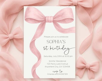 Editable Coquette Bow 1st Birthday Invitation, Pink Bow Birthday Invitation, Soft Blush Ribbon 1st Birthday Party Invite Instant Download