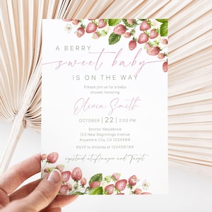 Editable Berry Sweet Baby Shower Invitation, Strawberry Baby Shower Template, A Berry Sweet Baby Is On The Way Invitation, Girl Baby Shower