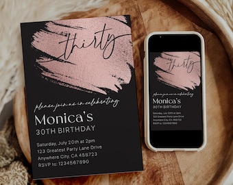Editable 30th Birthday Invitation For Her, Rose Gold Minimalist 30th Birthday Party Digital Invitation, Printable 30th Birthday Invite