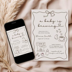 A Baby is Brewing Baby Shower Invitation, Hand Drawn Coffee Theme Invite, Editable Baby Shower Template with Coffee Beans, Instant Download