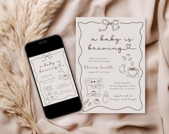A Baby is Brewing Baby Shower Invitation, Hand Drawn Coffee Theme Invite, Editable Baby Shower Template with Coffee Beans, Instant Download