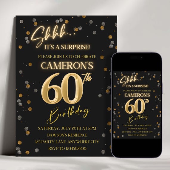 Surprise 60th Birthday Invitation, Elegant Gold Glitter (digital