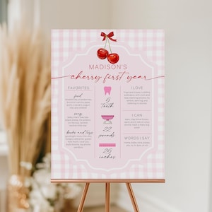 Editable Cherry on Top Birthday Milestone Poster, Pink Gingham Cherry First Birthday Milestone Template, Cherry Theme First Year Poster