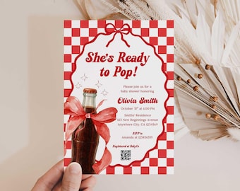 Invitación para baby shower "Está lista para explotar", plantilla editable con temática de refresco rojo y blanco (descarga digital)