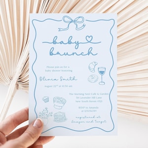 Blue Baby Brunch Baby Shower Invitation, Editable Blue Brunch Baby Shower Template, Hand Drawn Breakfast Pancake Morning Baby Shower Invite