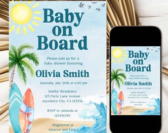 May include: A blue and white baby shower invitation with a watercolor beach scene. The invitation says "Baby on Board" and includes the date, time, and location of the party. It also includes the name of the guest of honor, Olivia Smith, and the RSVP information. The invitation is designed to look like a mobile phone screen.
