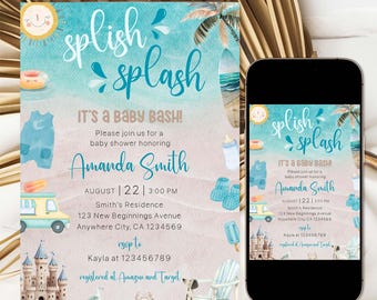 May include: A baby shower invitation with a beach theme. The invitation features the words "splish splash" in teal script, along with the text "IT'S A BABY BASH!" and details for Amanda Smith's baby shower.