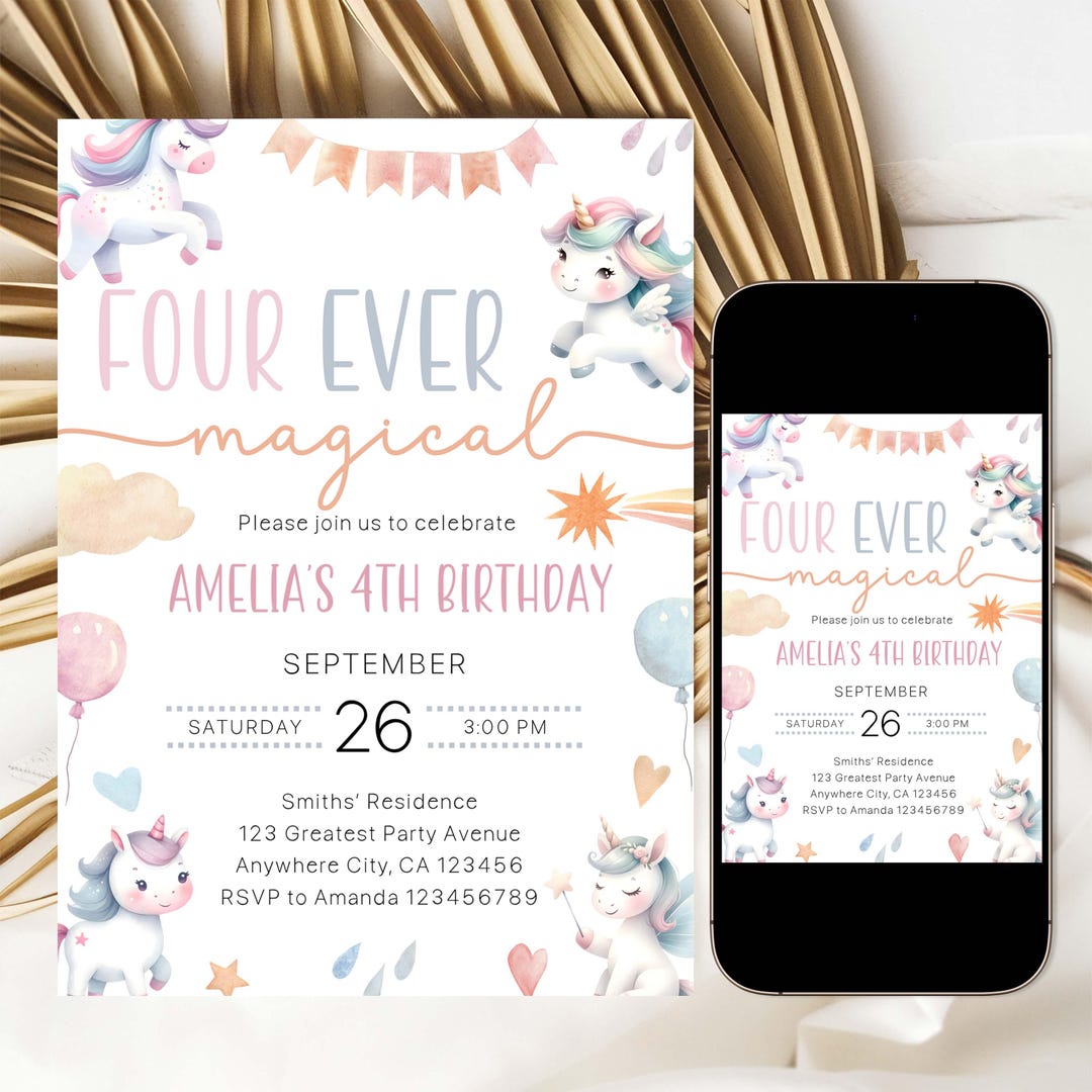 Editable Unicorn 4th Birthday Invitation, Four Ever Magical Birthday ...