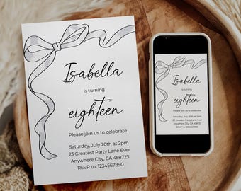 Editable Black Bow Birthday Invite, Simple Elegant Black Ribbon Coquette Birthday Invitation, 18th 21st 30th Birthday Invitation